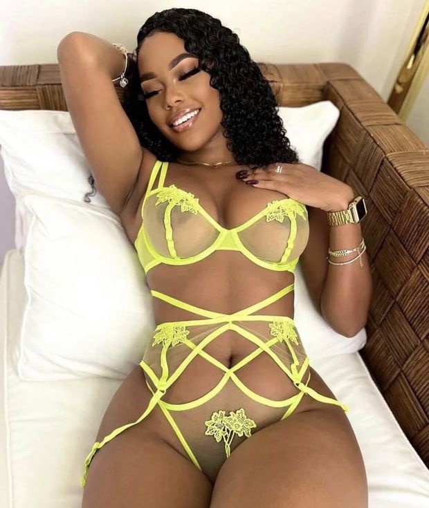 Beautiful ebony queen in sexy yellow see through lingerie