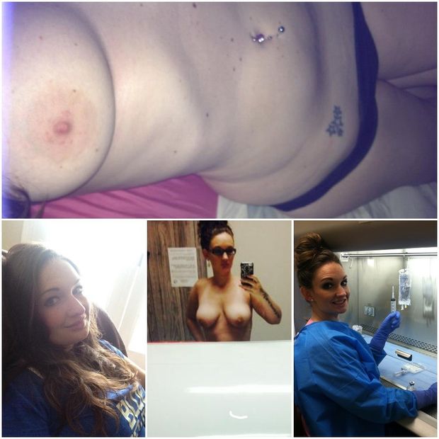 Sexy slut nurse in scrubs showing off her tits