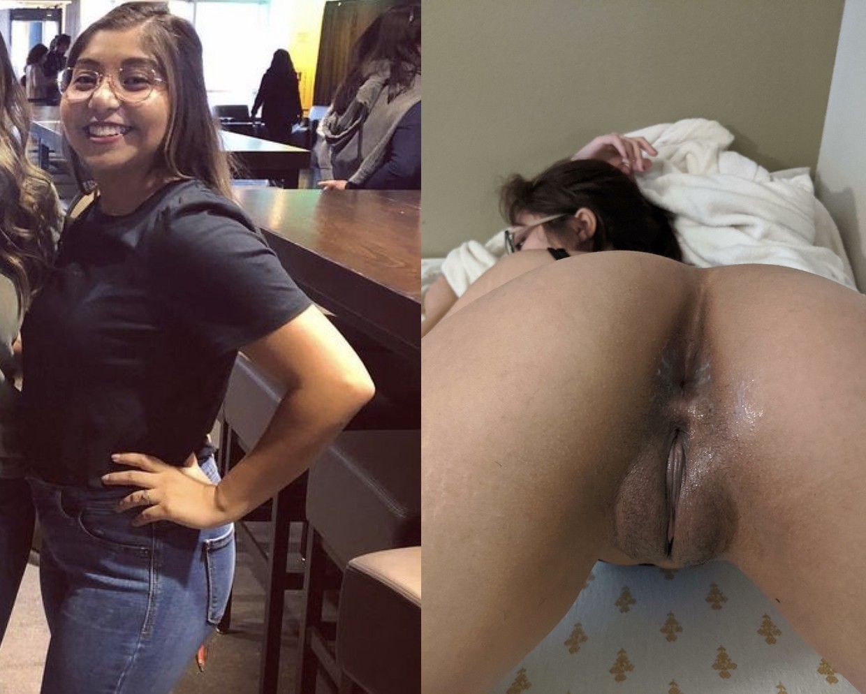Cutie Latina with glasses dressed and undressed with a sweet pussy