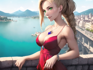 Red dress at a balcony (ai generated)