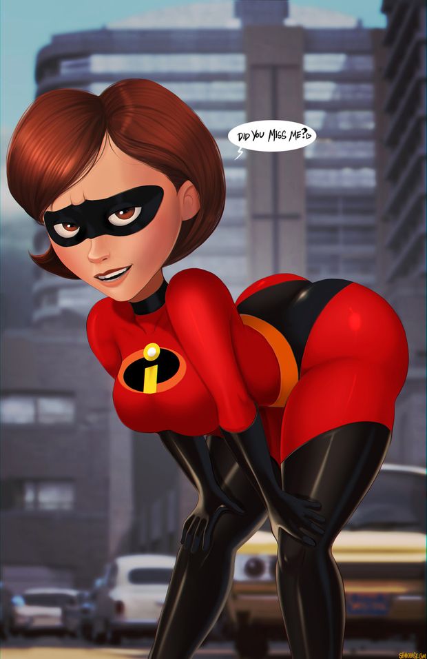 Elastigirl, Helen Parr, in her Incredibles costume, bent over and saucy