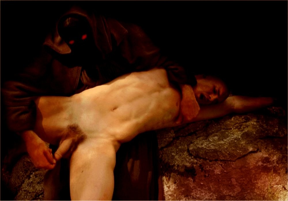 Arriving naked in the abyss, he screamed when a demon grabbed and restrained him and played with his cock