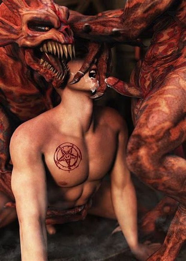 A demon grabbed the man and made him suckle a huge cock still wet from a recent fuck