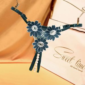 sexy sans entrejambe Trois fleurs brodées Massage aux perles creuses G-String String Pantalon Lingerie Femme T-Back Sous-vêtement Slip