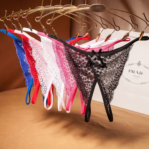 Sexy Sans entrejambe Noeud papillon String creux en dentelle G-String Slip Dos en T Lingerie Femme Sous-vêtement Slips