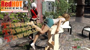 Mrs Kanes thrashes Dapne's bottom in the garden with her new cane