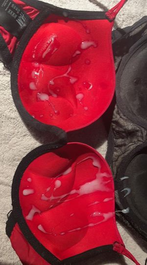 Cum all over red & black bra