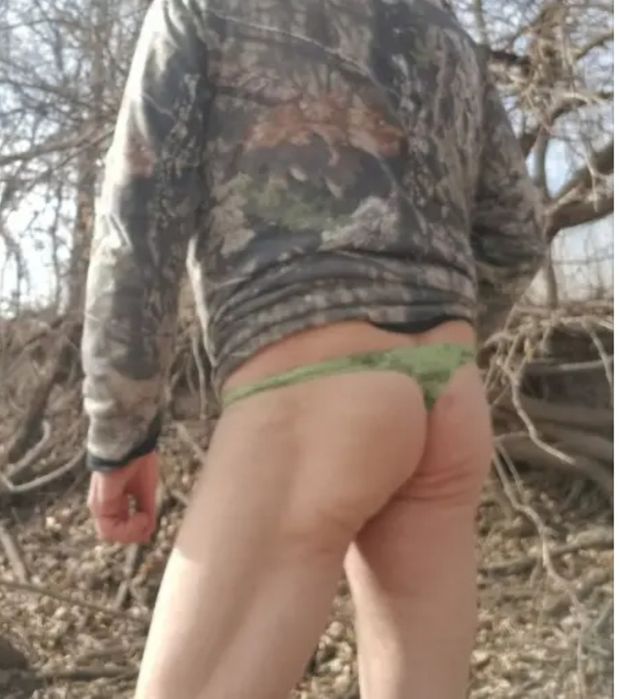 Hiking in green thong
