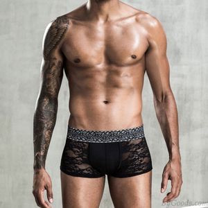 Sexy Noir Fleur Maille creuse Boxer en dentelle Lingerie Sous-vêtement Respirant Hommes de Sous-Vêtements Lingerie Slip