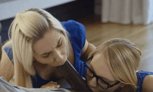 Two horny white sluts worshipping the big black cock and balls