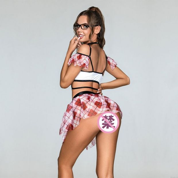 Sexy pajarita sin hombros estudiante Cosplay uniforme disfraz tentación falda corta a cuadros colegiala Lencería