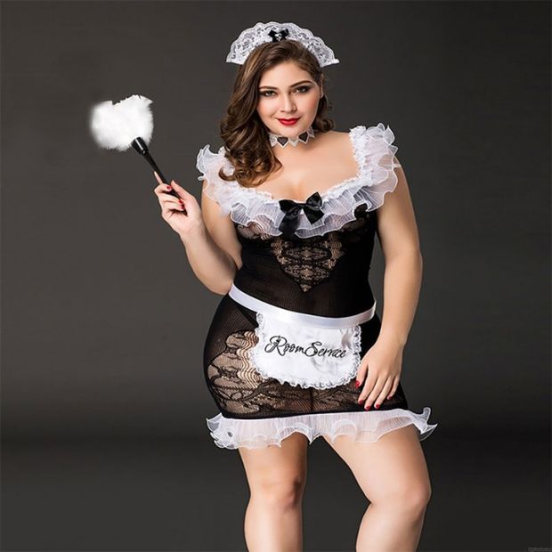 Sexy Übergröße Französisch Maid-Cosplay Spitze Schürze Bogen Uniform Kostüm Verlockung Chemise Puppe Damen Unterwäsche