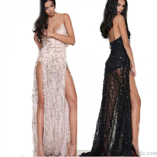 Sexy Lentejuelas Profundo V Lado Abierto Maxi Vestido de Fiesta Sin Espalda Falda Larga Hendidura Delgado Tirantes Noche Vestido