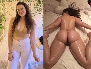 Curly haired babe dressed and undressed