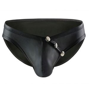 Sexy Three Metal Button Faux Leather Mens G-string Thong Underwear