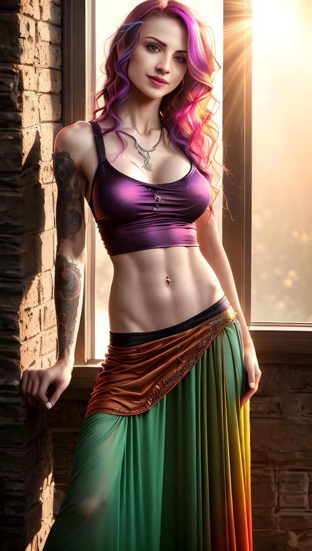 wild green dress hanging off sexy abs in the sunlight