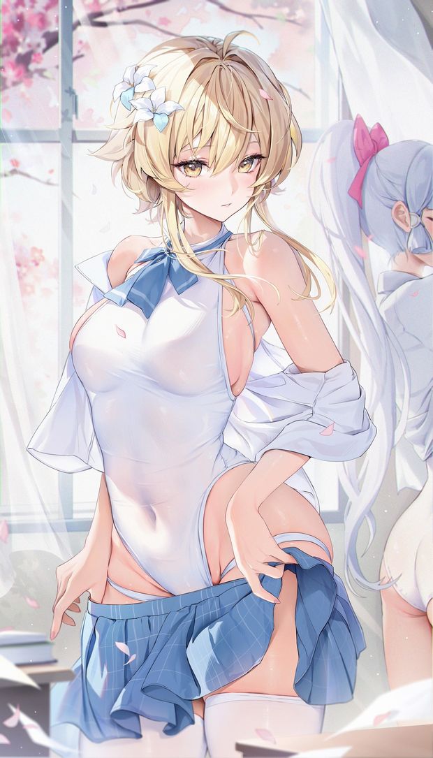 Blonde hentai babe takes off skirt revealing sexy one piece