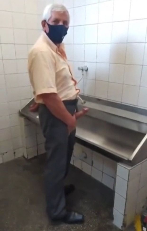 Grandpa rips that big cock out for display