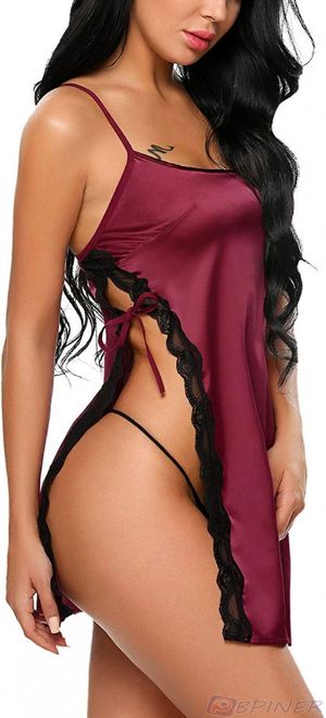 Sexy Side Slit Strappy Satin Nightdress Chemise Soft Sleepwear Babydoll Lingerie Nightgown For Women