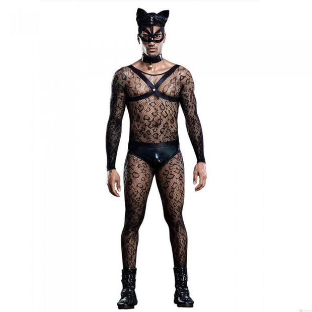 Sexy Cat Man Costume Bodystocking Harness Panties Choker Mask Tail 6 Pcs Lingerie Clubwear Cosplay Lingerie