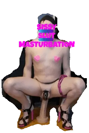 Sissy in chastity and heels masturbates by bouncing on colossal dildo