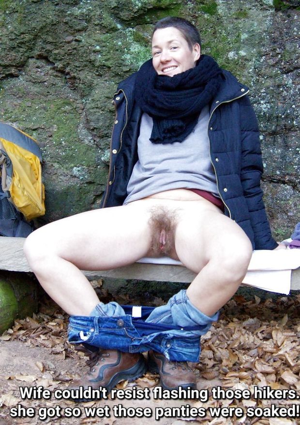 Wife flashes her unshaven pussy to hikers