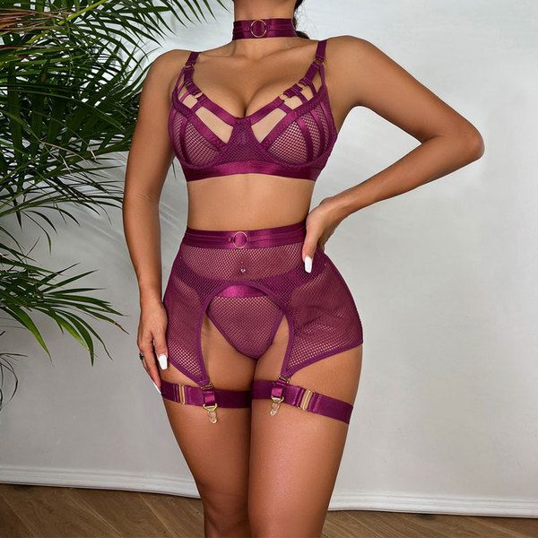 Sexy Mesh Fishnet High Waist Bra Panty Garter Belt Neck Leg Ring 4 Pieces Set