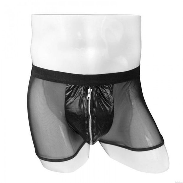 Sexy Boxer en similicuir fendu avec fermetures à glissière transparentes Poche bombée String Sous-Vêtements Culottes Lingerie Pour Hommes Slips