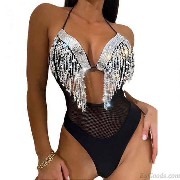 Sexy Quaste Pailletten Mesh Strand Retro Badeanzug Riemen Teddy Bademode Damen Bikini Body Badeanzüge