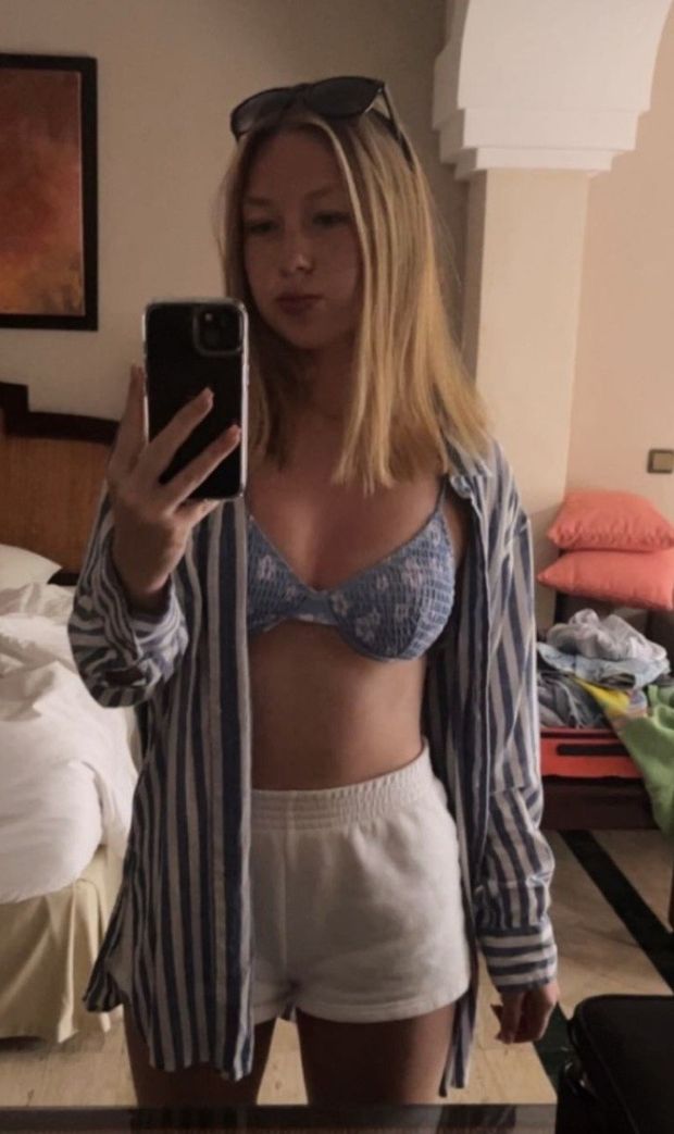 Blonde bedroom selfie blue bra