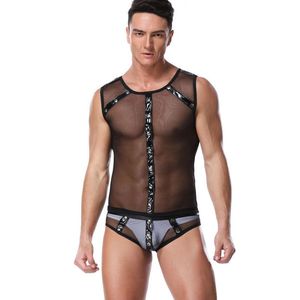 Sexy See Through Mesh Splice Line Gay Bar Costume Jockstrap Leotard Teddy