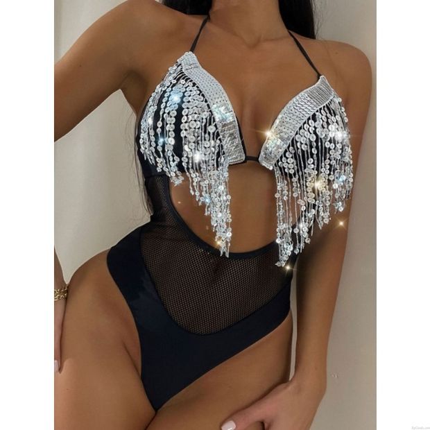 Sexy borla lentejuelas malla trajes de baño playa Retro traje de baño correa Teddy De las mujeres Trajes de baño Bikini