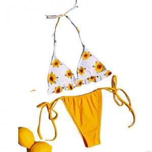 Sexy amarillo girasol verano traje de baño Halter mujeres trajes de baño correa dos piezas flor Trajes de baño Bikinis