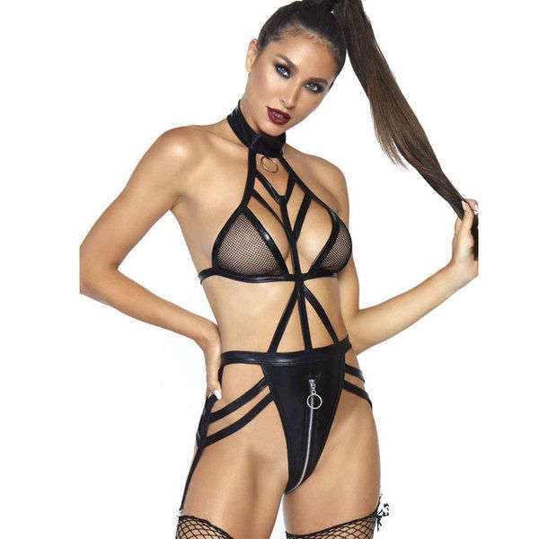 Sexy Fishnet Crotch Zipper Leather Underwear For Women Neck Ring Bodysuits