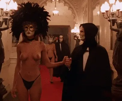Several masked couples having a flirtous conversations while heading toward pleasure rooms - Eyes Wide Shut Orgy