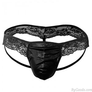 Sexy Lace Splice Faux Leather Bulge Pouch Thong Briefs Low Rise Breathable Underpants Lingerie For Men Sissy Underwear