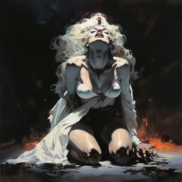 Blonde cultist in throes of tantric prayer