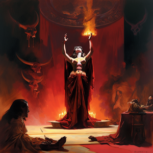 Curvy nude satanic priestess performing occult ritual