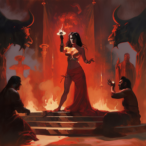 Topless priestess of Satan indoctrinating new worshipers