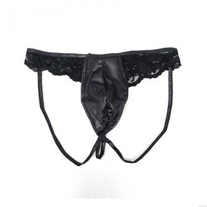 Sexy noir dentelle épissure Faux cuir poche de renflement string taille basse respirant caleçon Sissy sous-vêtements Lingerie pour hommes slips