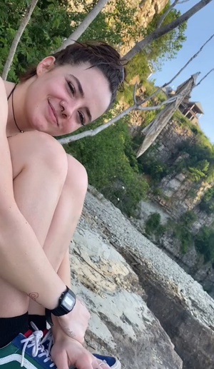 Stripping on a hike. Shirt on tree