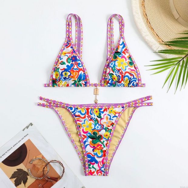 Sexy Volkstotem Blume Bikini-Strand Bademode Badeanzug-Riemen Bunt Zwei Stück Damen Badeanzüge