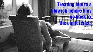 Wife gives colleague a blowjob before they go back to the work conference.