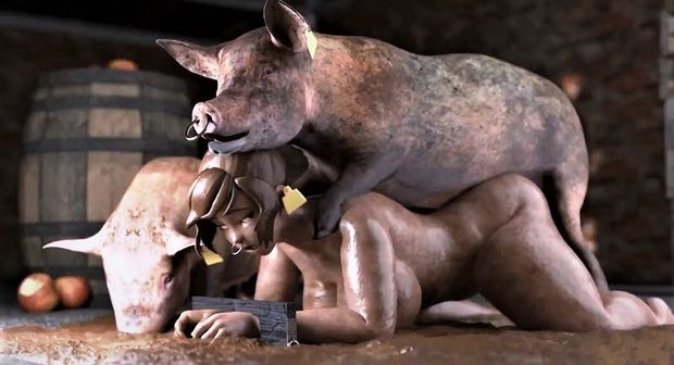 Here's a fat teen slut bound in a pig lot so all the boars can take turns on her!  This is her third boar for the day, they are filling her!