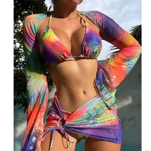 Sexy colorido Arco Iris malla Tie-dye verano traje de baño Halter mujeres trajes de baño manga larga Chal Conjunto de 3 piezas Bikini