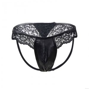Sexy negro encaje empalme Faux cuero Bulge bolsa Tanga Low Rise transpirable calzoncillos Sissy ropa interior lencería para hombres calzoncillos