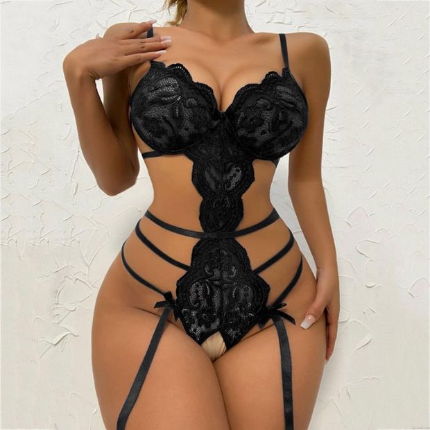 Sexy Cordón lazo Liguero Ropa interior de peluche para mujer Body de tirantes de una pieza Lencería