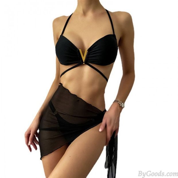 Sexy schwarzes V-förmiges Netz Schal Halter Strand Badeanzuggurt 3 Stück Bademode Damen Bikini Badeanzüge