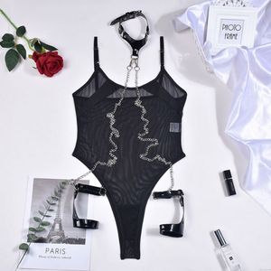 Sexy Schier Gittergewebe Transparent Halsring Kette Teddy Ein Stück Unterwäsche für Frauen SM Body Unterwäsche