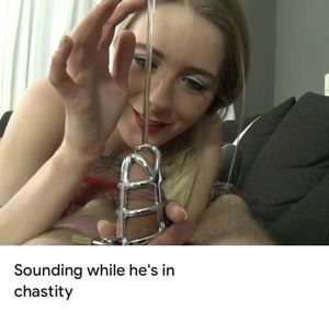 Sounding his locked cock